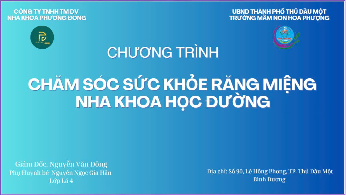 Ngày 18/10/2024 ông Nguyễn Văn Đông - Giám đốc công ty TNHH TM DV NHA KHOA PHƯƠNG ĐÔNG phụ huynh bé Nguyễn Ngọc Gia Hân lớp Lá 4 tuyên truyền nội dung “CHĂM SÓC SỨC KHỎE RĂNG MIỆNG CHO TRẺ” cho toàn thể cha mẹ trẻ và CBGVNV của trường.